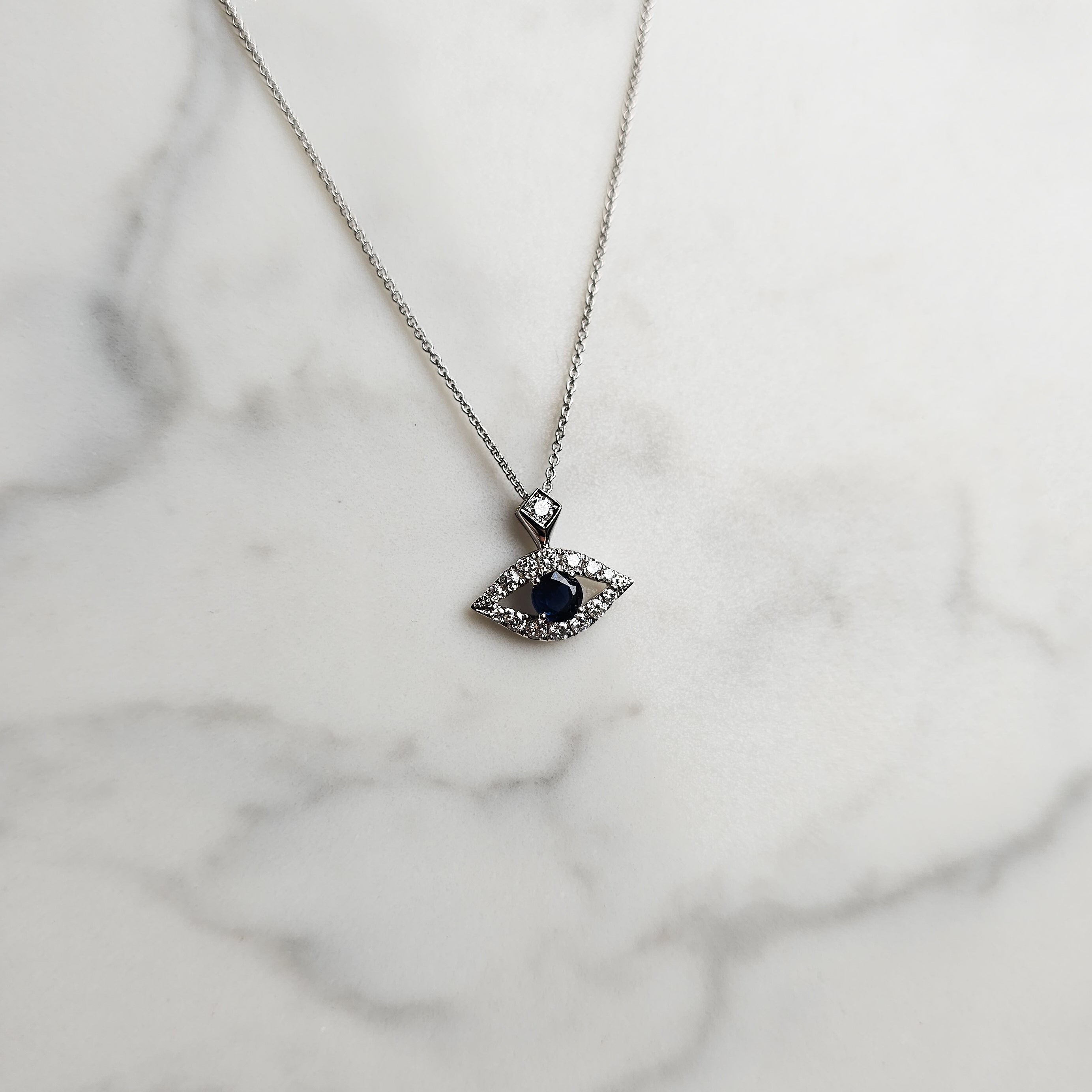 White Gold Evil Eye Pendant Necklace with Diamonds & Sapphire