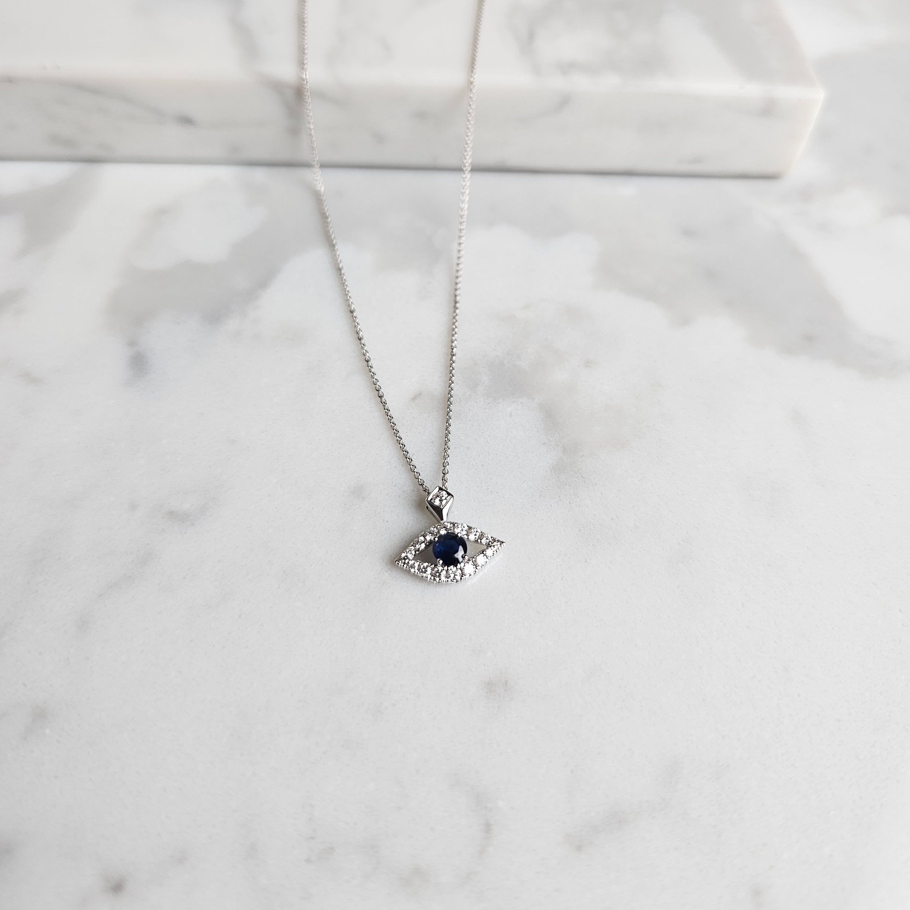 White Gold Evil Eye Pendant Necklace with Diamonds & Sapphire