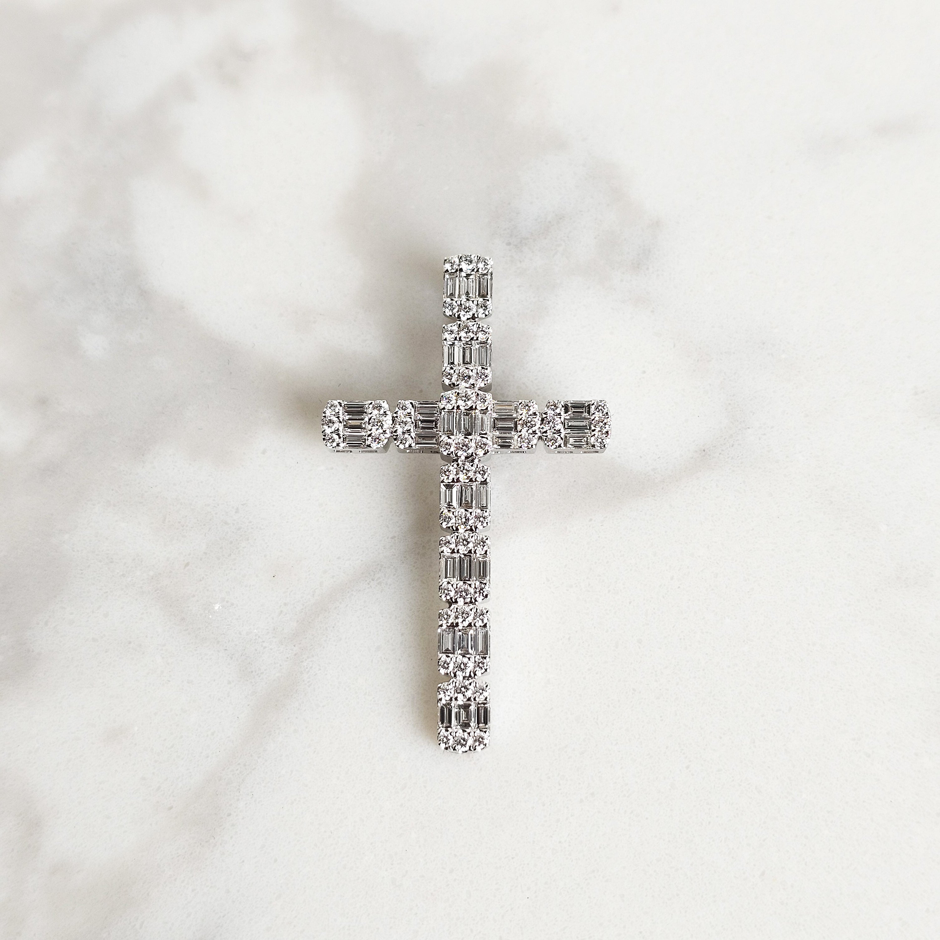 Baguette & Round Diamond Cross - White Gold
