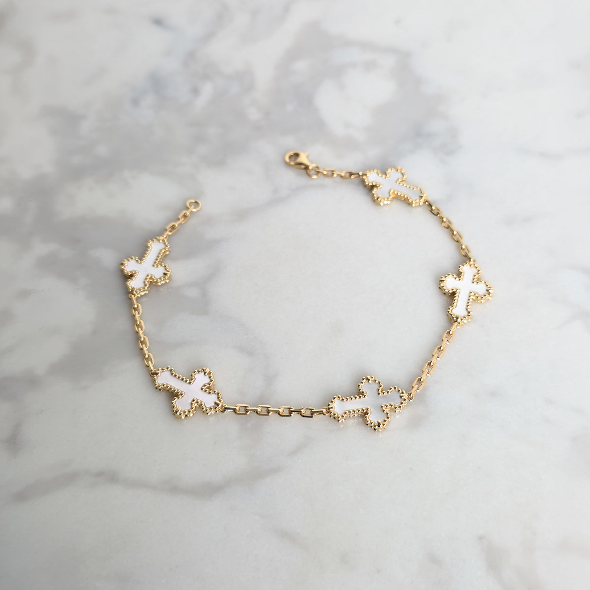 Yellow Gold & Mother of Pearl Cross Bracelet