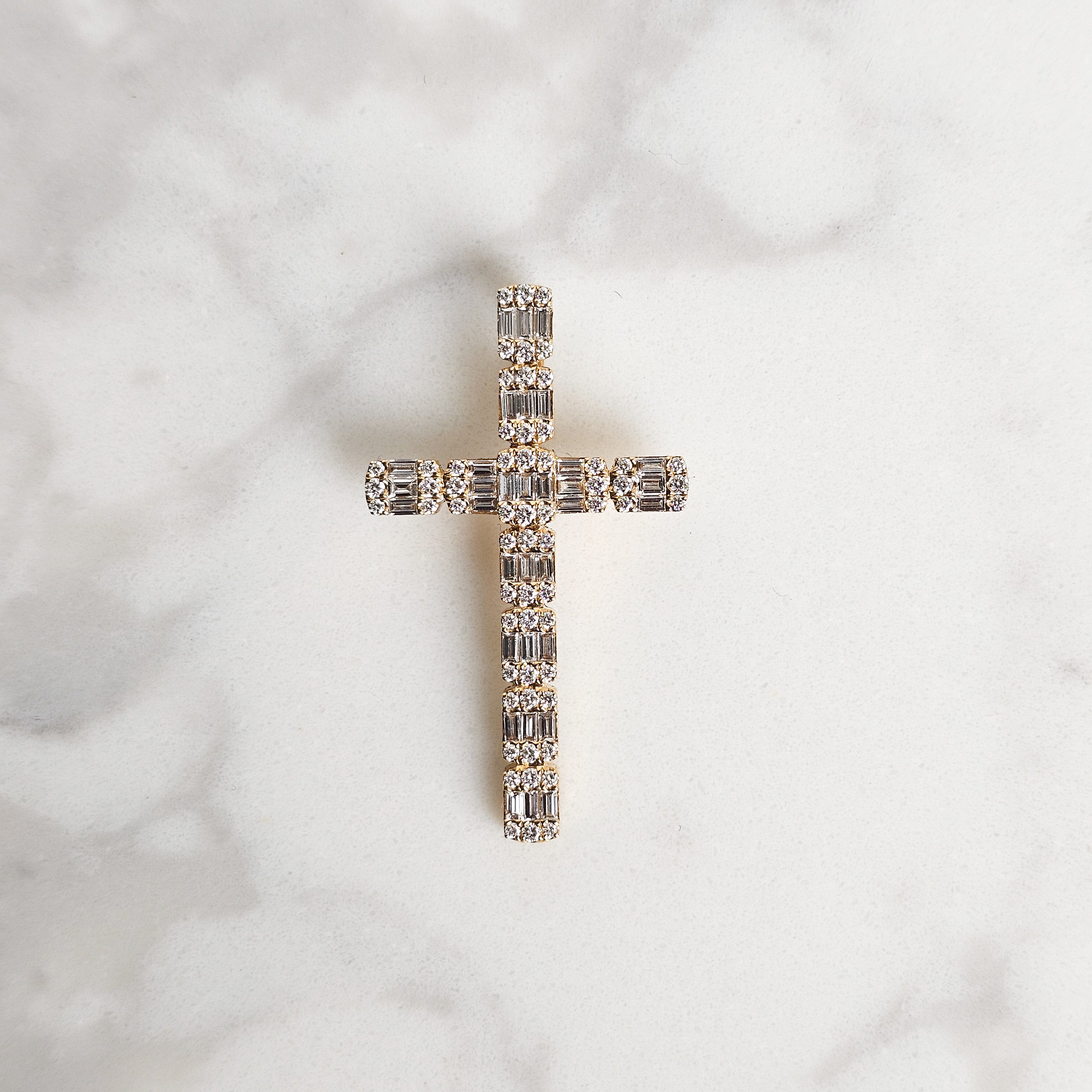 Baguette & Round Diamond Cross - Yellow Gold