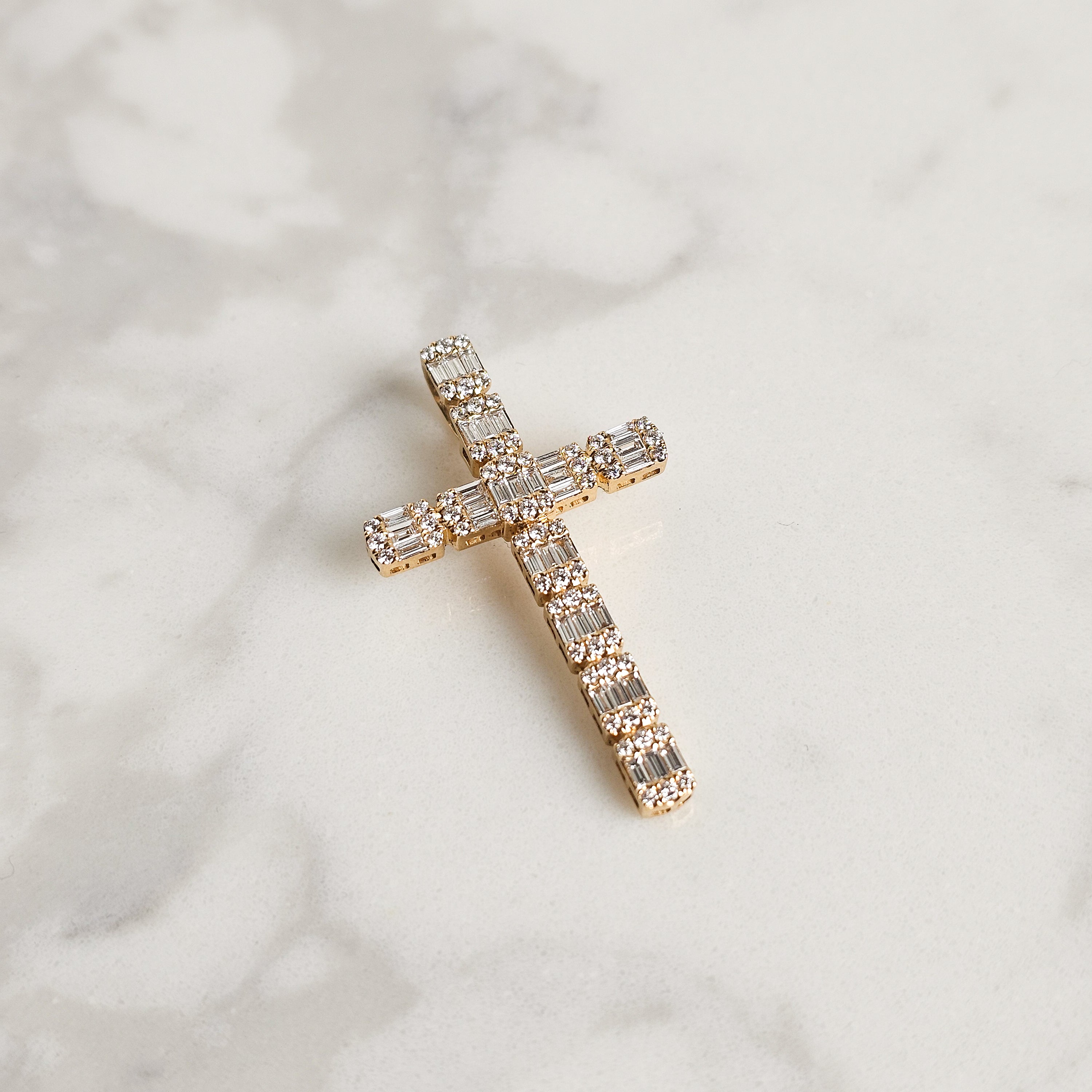 Baguette & Round Diamond Cross - Yellow Gold