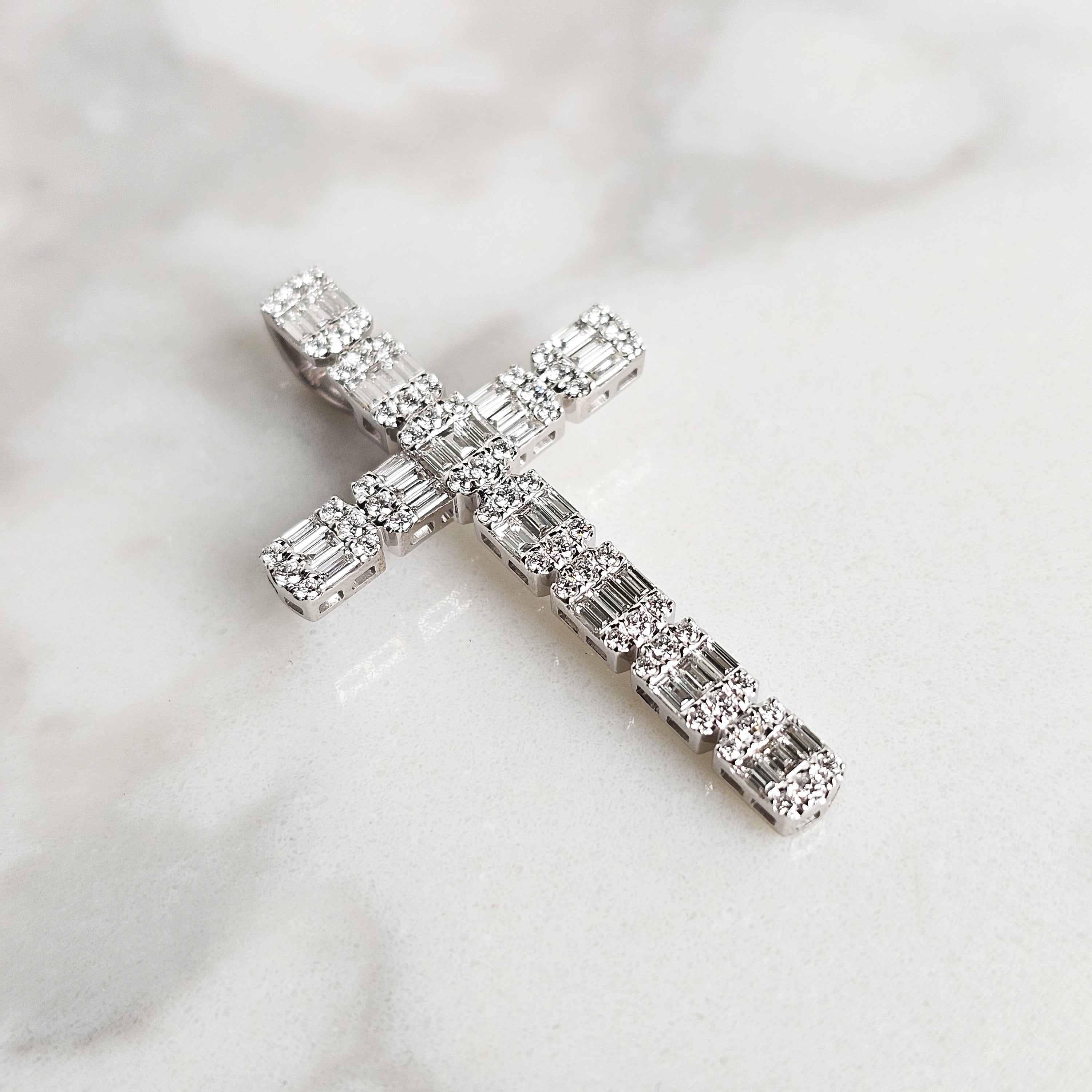 Baguette & Round Diamond Cross - White Gold