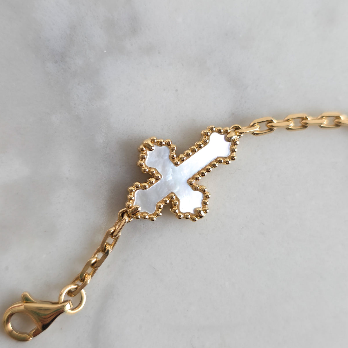 Yellow Gold & Mother of Pearl Cross Bracelet