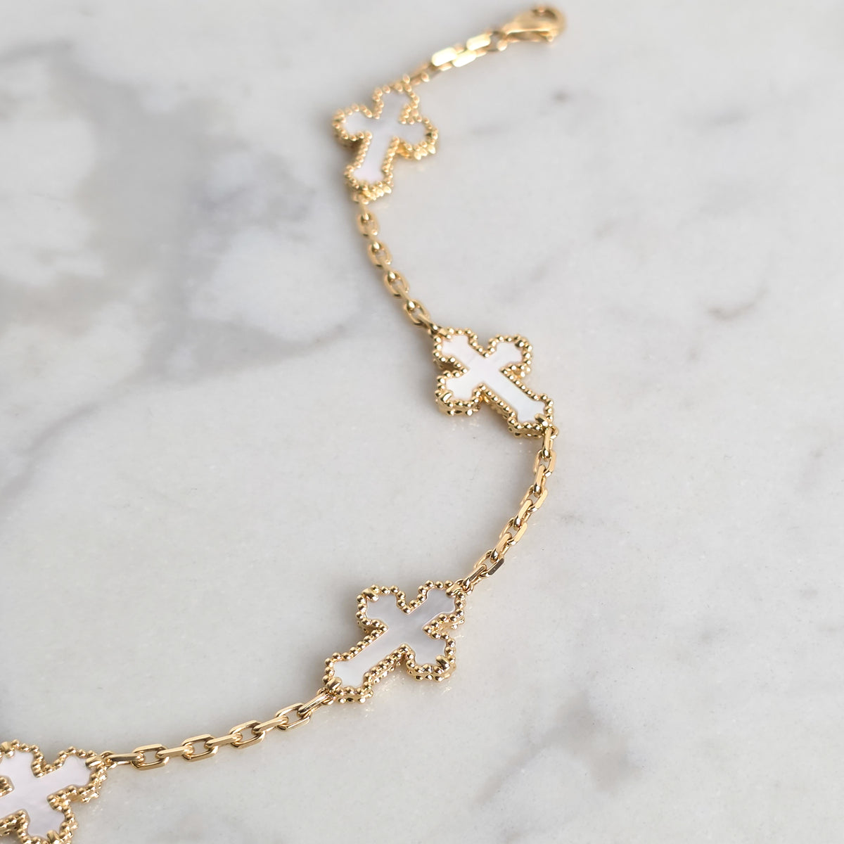 Yellow Gold & Mother of Pearl Cross Bracelet