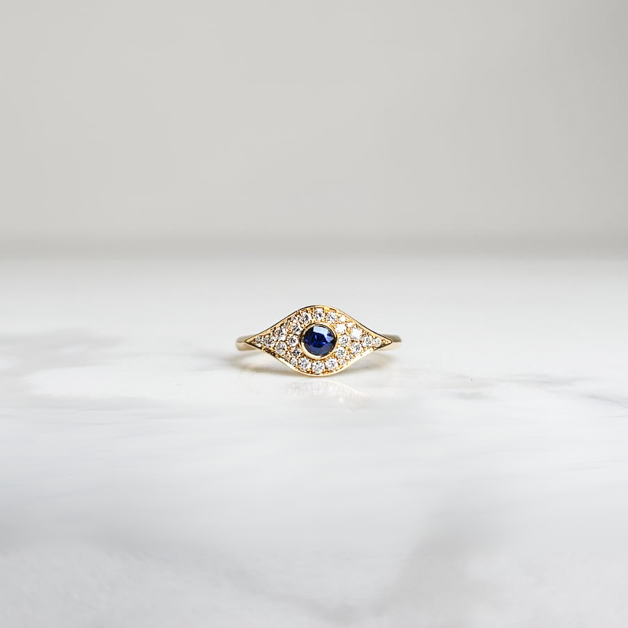 Diamond & Sapphire Evil Eye Ring - Yellow Gold