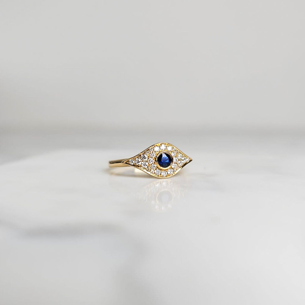 Diamond & Sapphire Evil Eye Ring - Yellow Gold